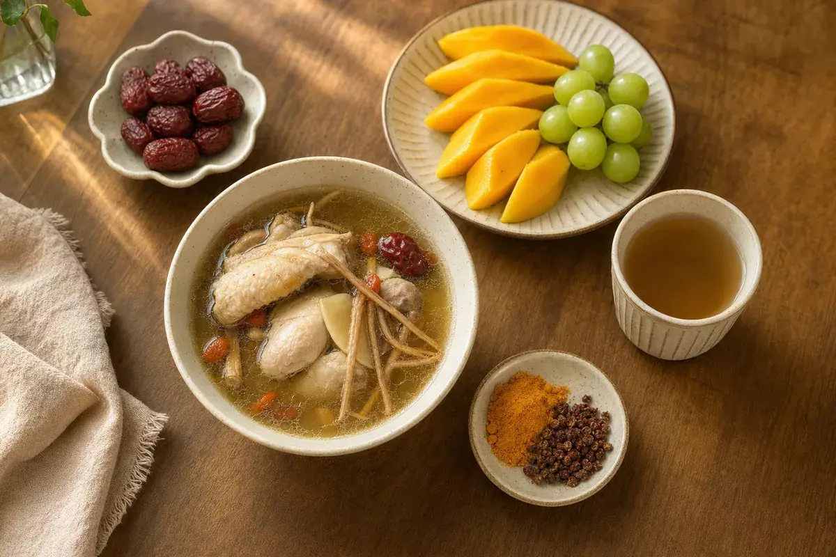月子餐桌上的藥膳雞湯、紅棗、芒果葡萄與薑黃花椒