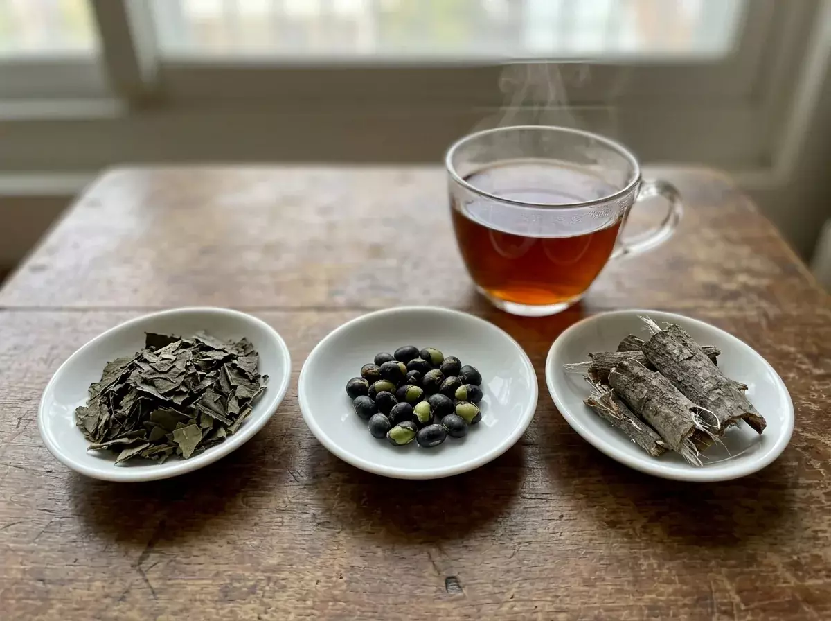 杜仲葉、炒黑豆與杜仲皮三碟並排，後方一杯黑豆杜仲茶