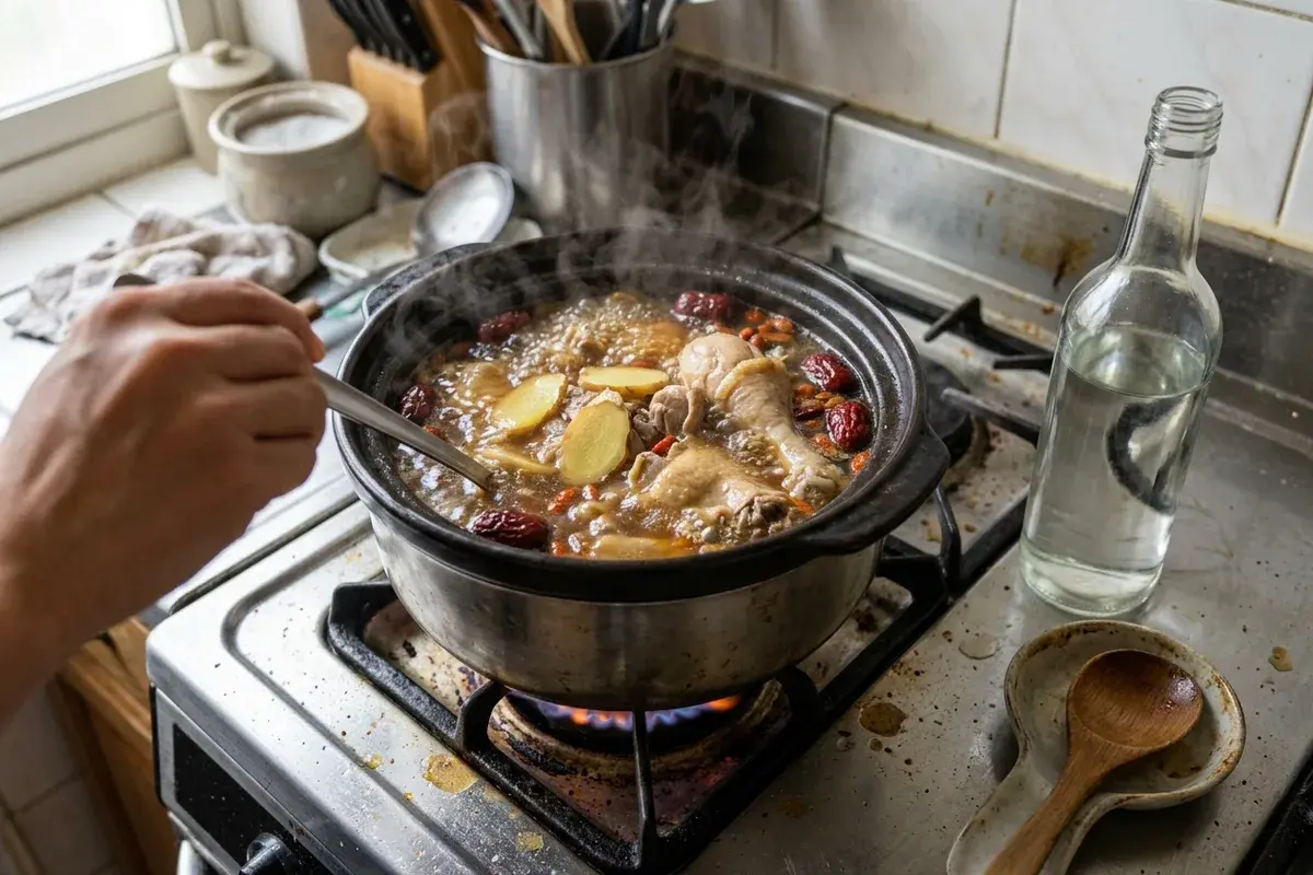 爐上冒熱氣的燒酒雞，雞腿塊、薑片與紅棗枸杞清楚可見，燒酒雞怎麼煮的在家版本