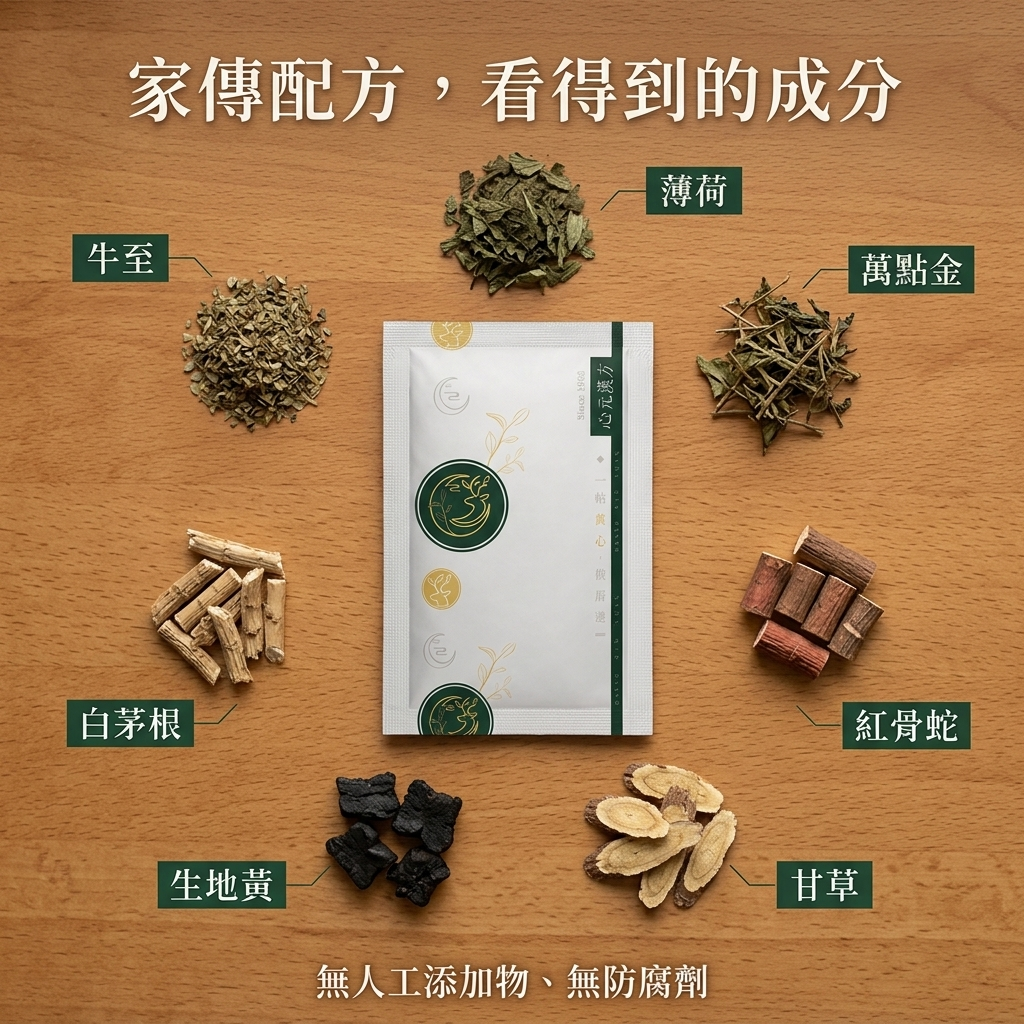 家傳青草茶濃縮包成分：牛至、薄荷、萬點金、紅骨蛇、甘草、生地黃、白茅根