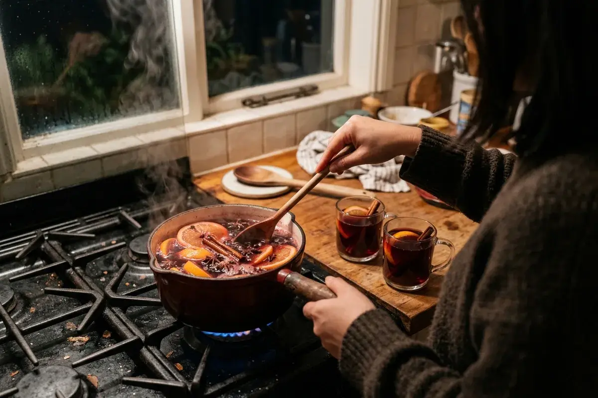熱紅酒怎麼煮：小湯鍋裡的熱紅酒浮著柳橙片和肉桂棒，旁邊放著兩個馬克杯