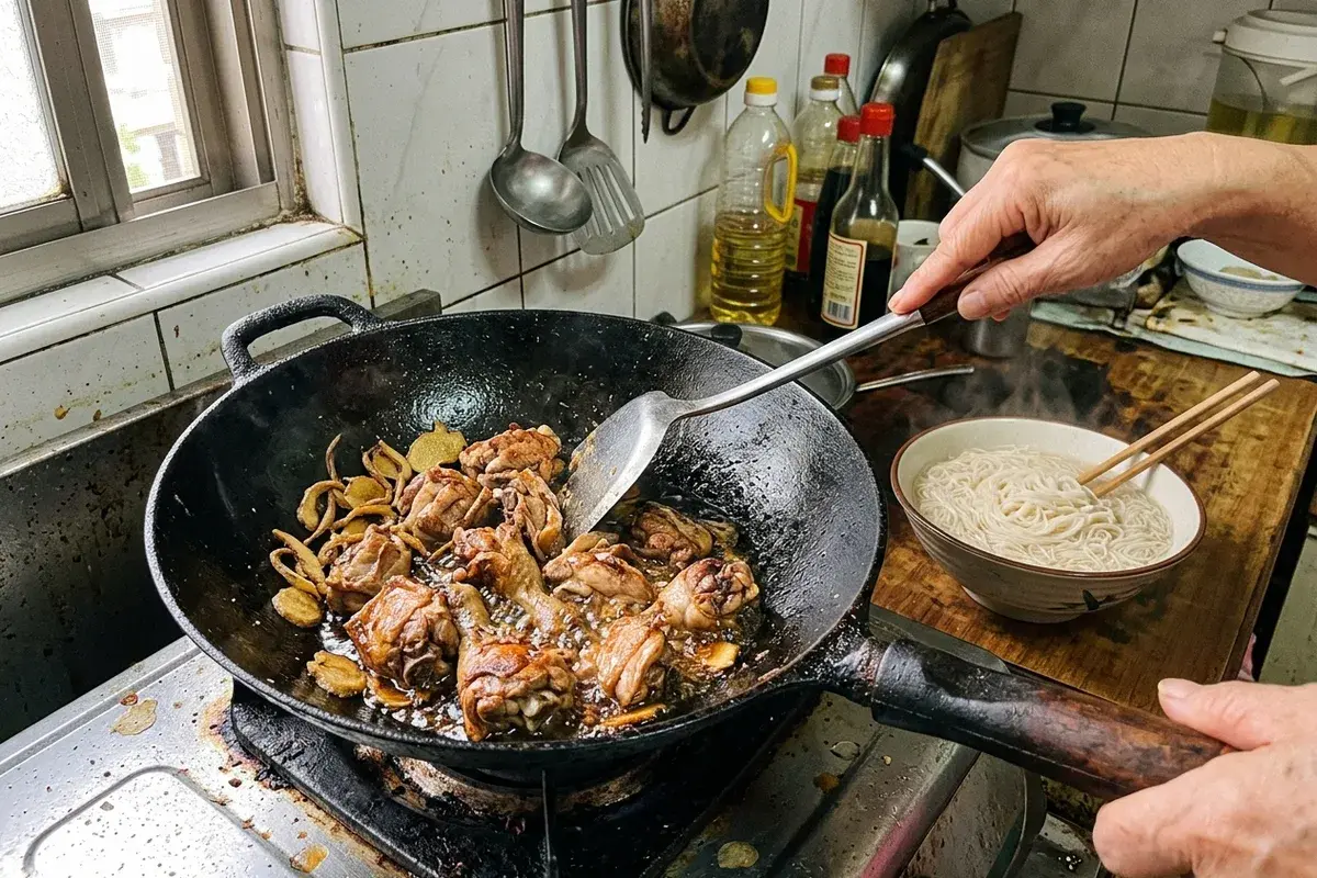 炒鍋裡黑麻油老薑與帶骨雞腿，旁邊一碗麵線，麻油雞怎麼煮的在家做法