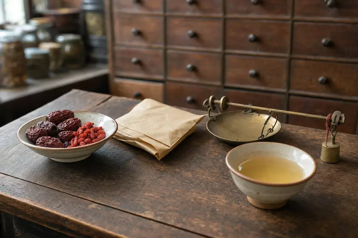 中藥行櫃檯上的紅棗枸杞、藥材紙包與銅秤