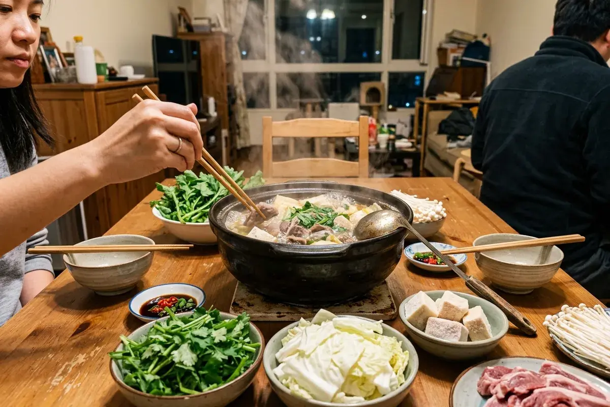 大雪寒流夜家裡餐桌上冒煙的羊肉爐與白菜凍豆腐，大雪吃什麼的圍爐熱鍋