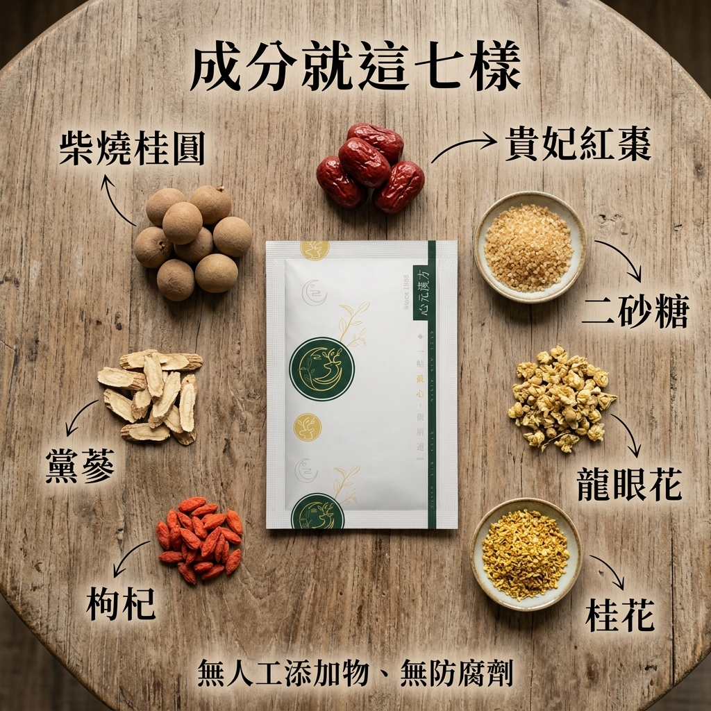 桂圓紅棗茶濃縮包成分：柴燒桂圓、貴妃紅棗、二砂糖、龍眼花、桂花、枸杞、黨蔘