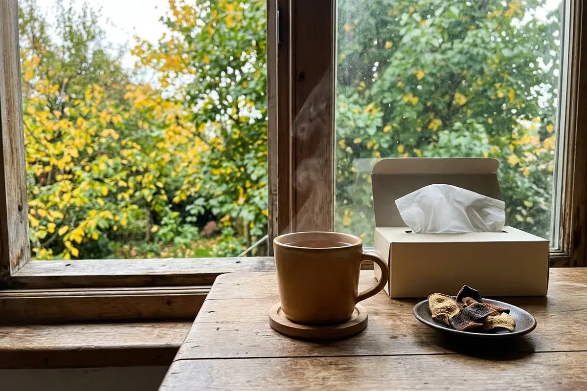 換季時中藥行櫃檯上一杯溫熱的養生茶，旁邊小碟裝著黃耆、紅棗、麥門冬與粉光蔘，窗外是早晚溫差大的秋天街道