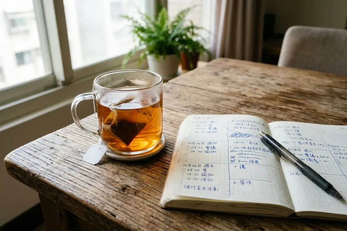 中藥行櫃檯上排開三杯顏色深淺不同的養生茶，旁邊放著黃耆、紅棗、洛神花與黑豆的小碟，背景是木製百子櫃