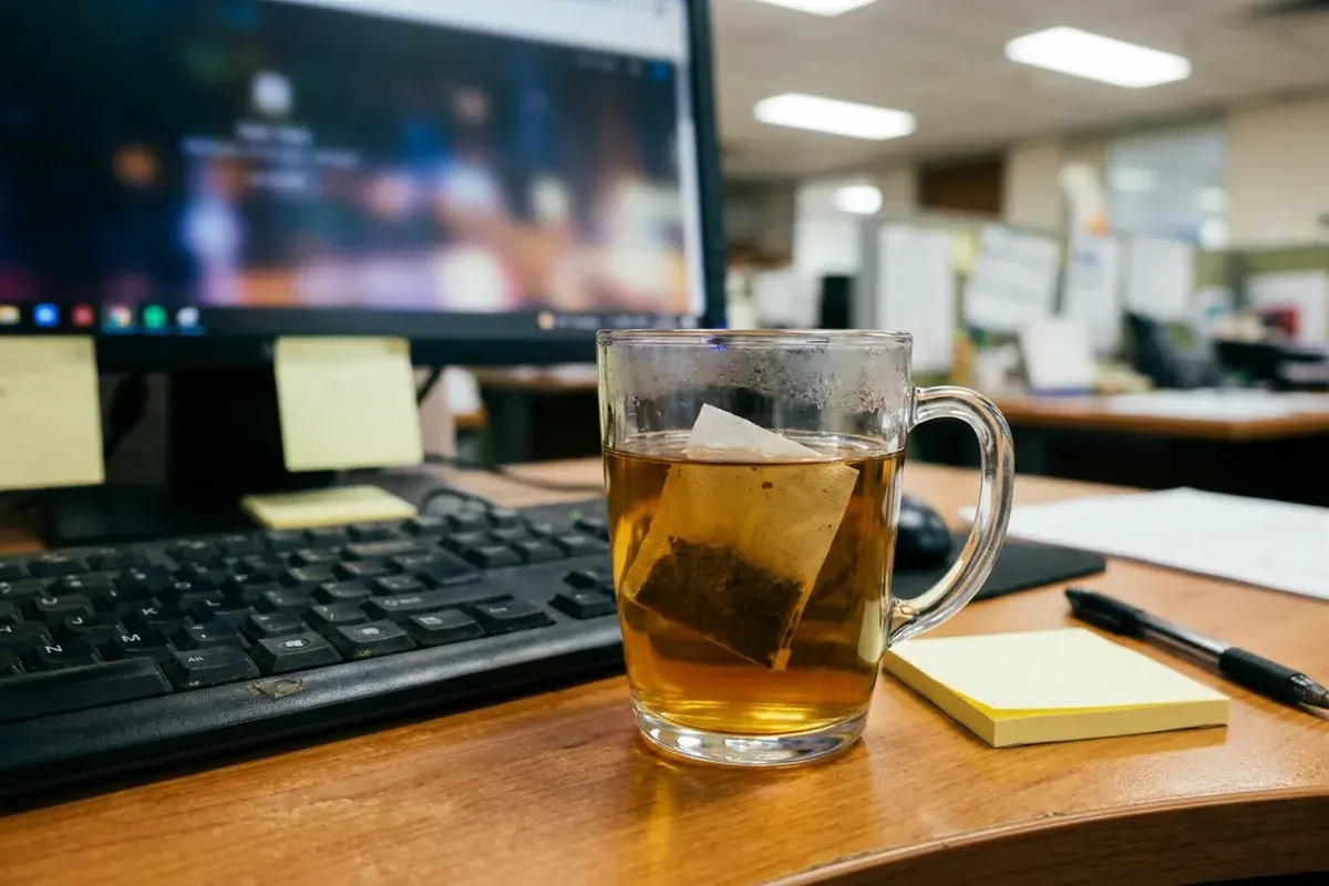 辦公桌上一個打開的保溫杯正在泡養生茶，旁邊放著茶包、筆電和一小碟枸杞紅棗