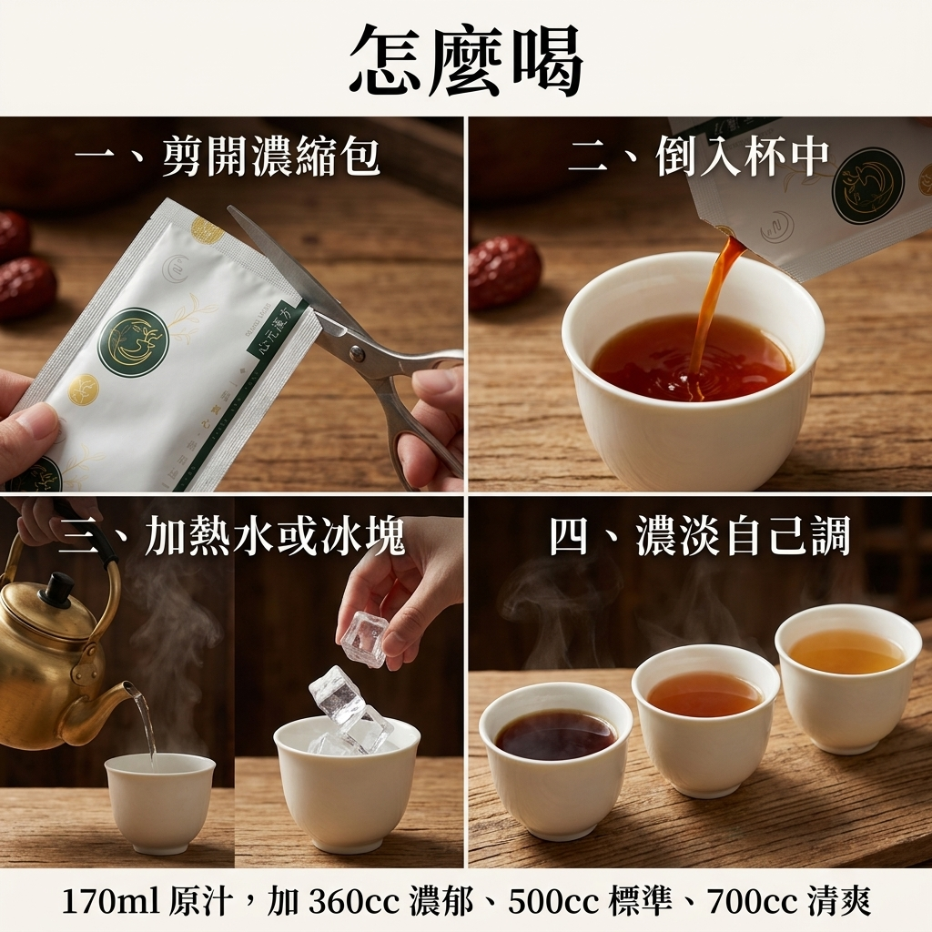 桂圓紅棗茶濃縮包怎麼喝：剪開、倒入、加熱水或冰塊、濃淡自己調，加鮮奶就是拿鐵