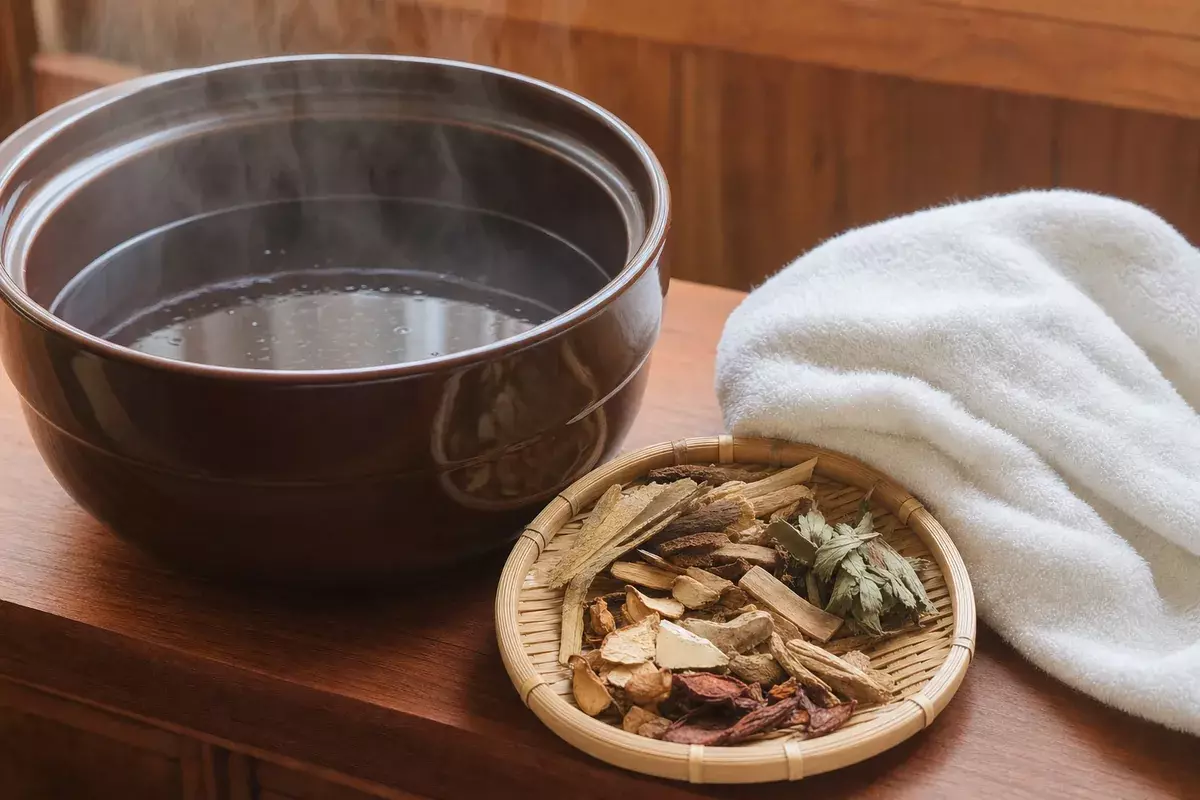 漢方藥浴水與毛巾藥材