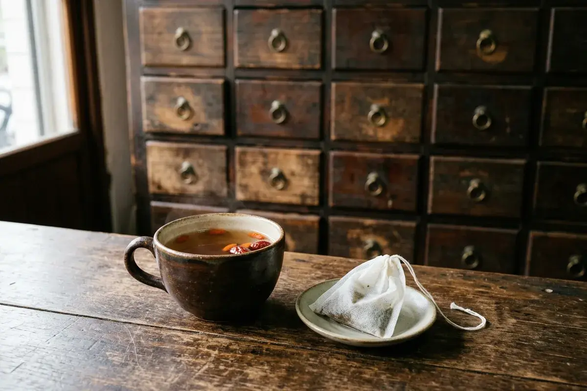 中藥行櫃檯上一杯剛泡好的養生茶和一杯含糖手搖飲並排，掌櫃的手指著茶包背面的成分表，背景是百子櫃