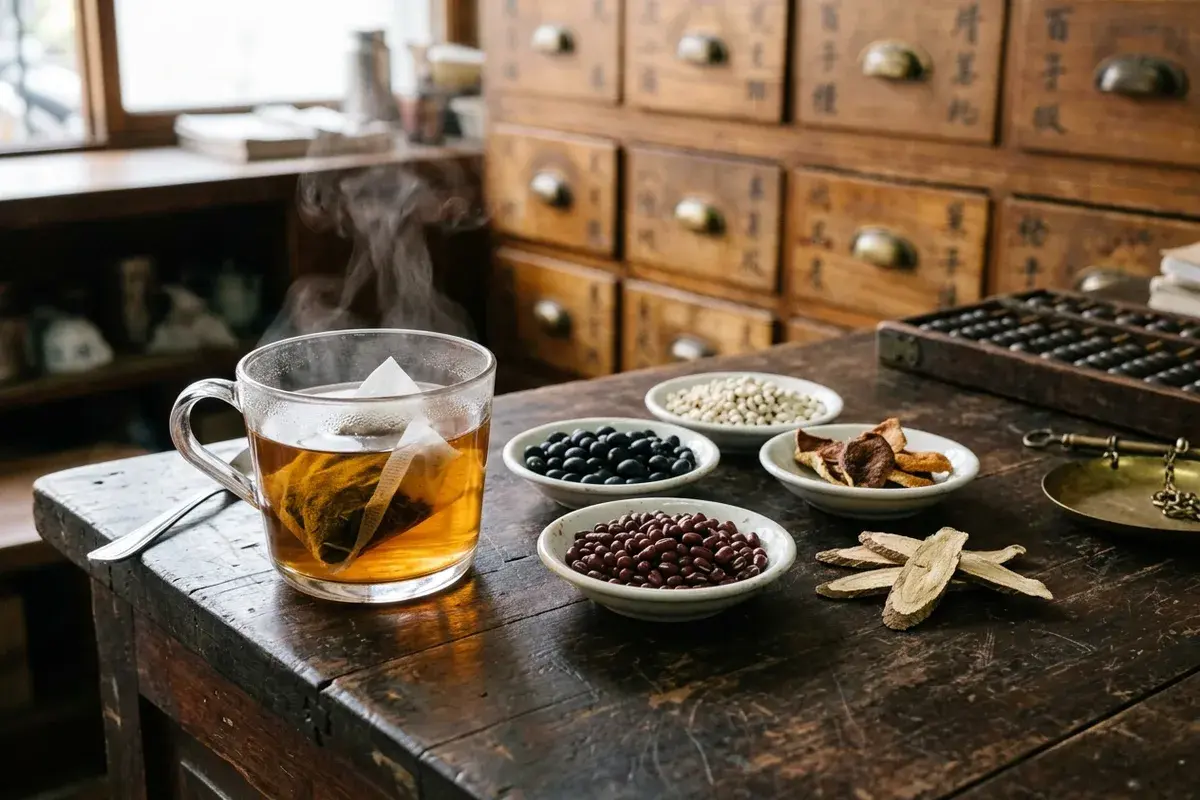 中藥行木櫃檯上一杯剛泡好的去濕茶，旁邊四個小碟裝著黑豆、赤小豆、薏仁與陳皮，背景是百子櫃