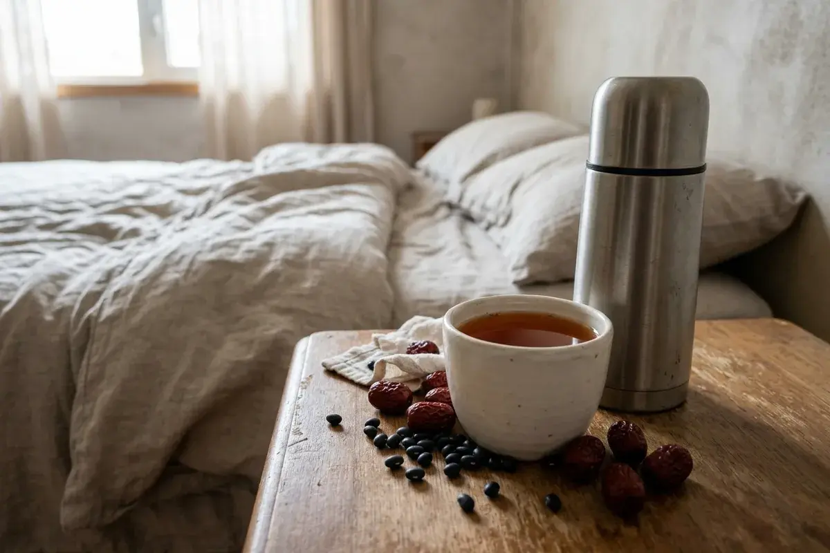 坐月子床頭櫃上的一杯溫熱月子茶，旁邊散放紅棗與黑豆