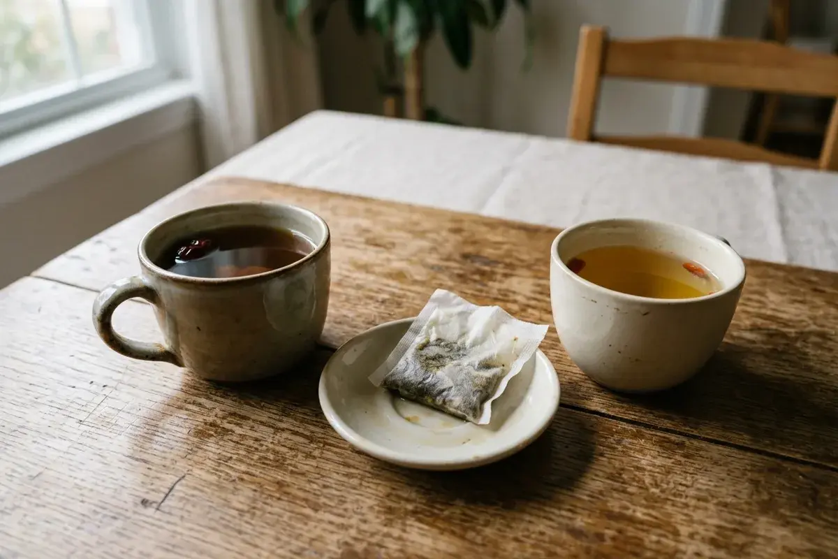 中藥行櫃檯上一個玻璃壺，養生茶包泡第二次，旁邊是第一泡顏色較深的一杯，背景是百子櫃