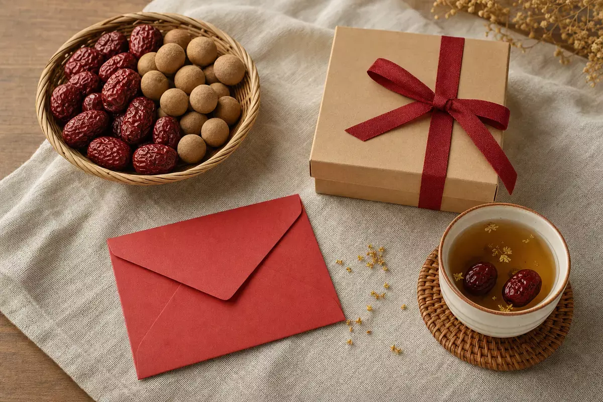 彌月禮：紅棗桂圓、牛皮紙禮盒繫紅絲帶、紅包與紅棗茶