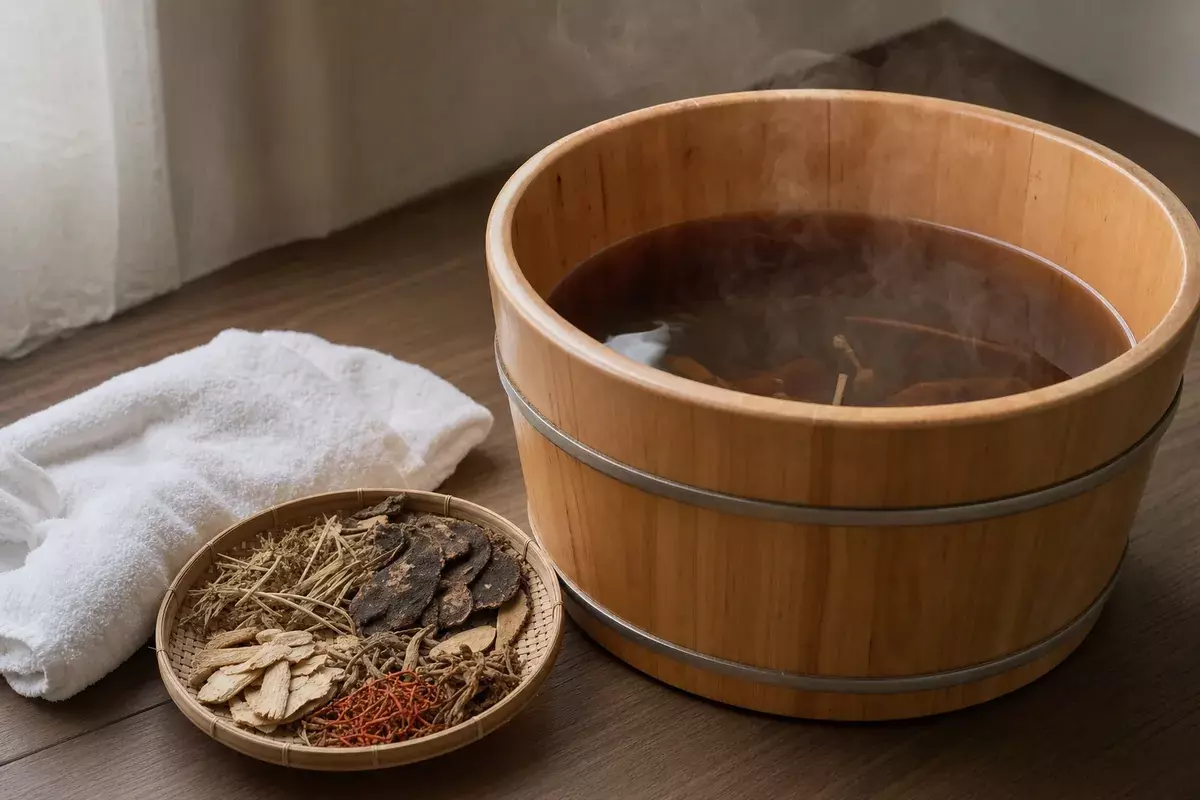 漢方泡腳桶冒著熱氣與藥材