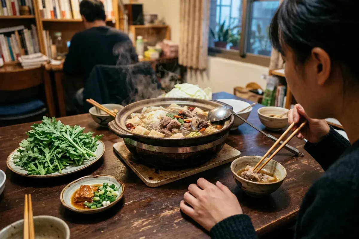 餐桌上冒著熱氣的羊肉爐，帶皮羊肉配白菜凍豆腐，羊肉爐怎麼煮的在家圍爐版本