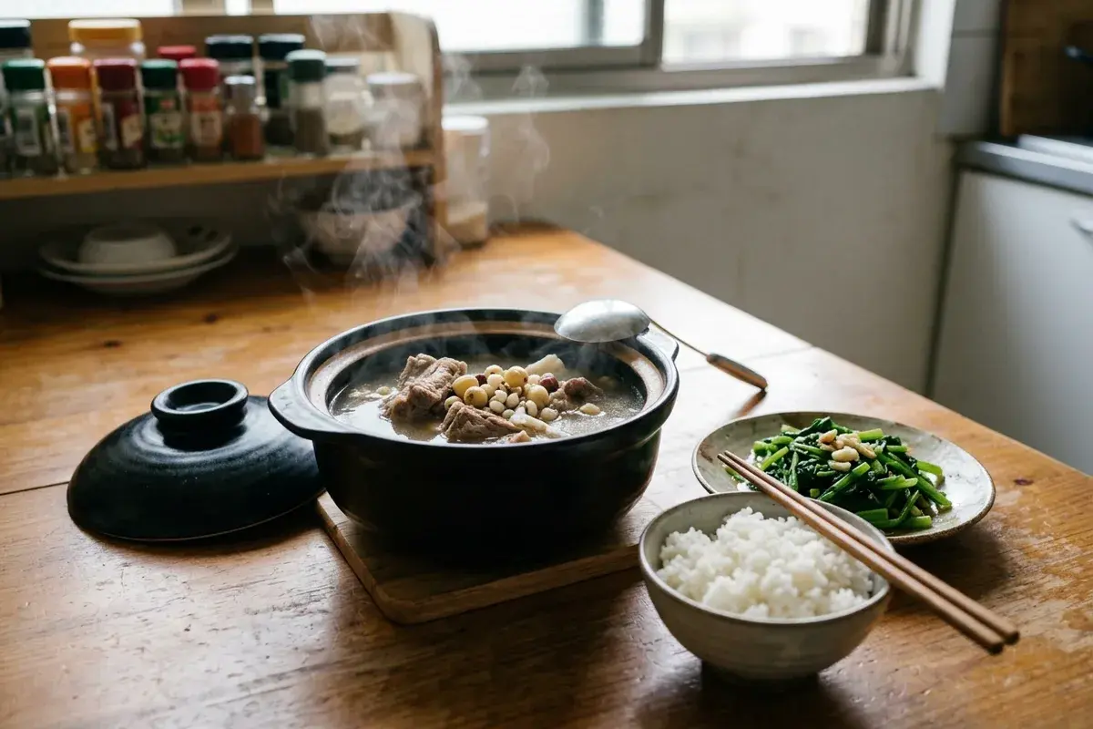 立冬補冬餐桌上冒熱氣的四神排骨湯與家常菜，立冬吃什麼的清爽燉湯示範