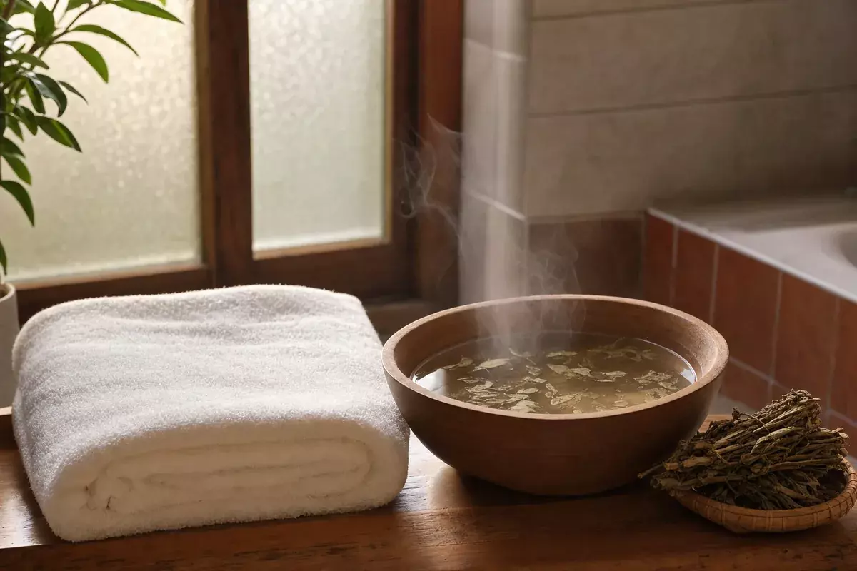 月子擦澡用的溫熱藥草水木盆與白毛巾