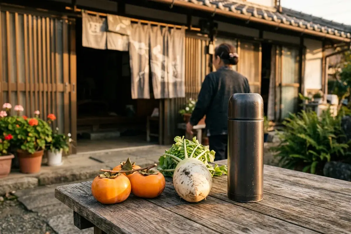 霜降時節木桌上的柿子、白蘿蔔與保溫杯熱茶，霜降吃什麼的家常食材擺拍