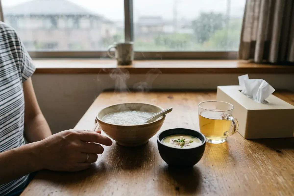 感冒後的早餐桌上有白粥、蒸蛋和一杯溫熱茶飲，感冒後怎麼調養從好消化開始