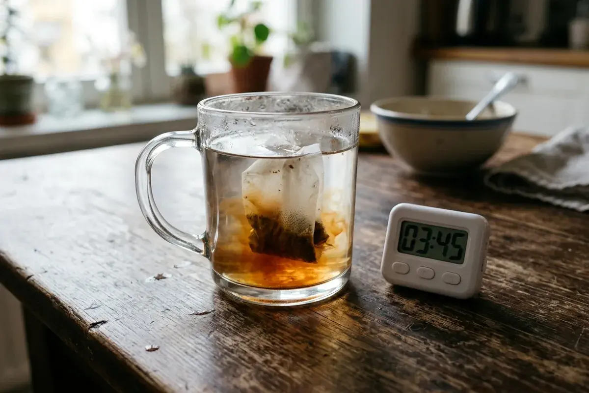 中藥行櫃檯上一個蓋著蓋子的玻璃杯正在燜養生茶包，旁邊放著小計時器和裝黑豆、菊花的小碟，背景是百子櫃